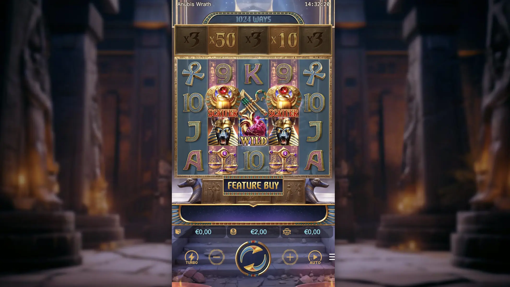 Anubis Wrath game board with multiplier panels above the five reels